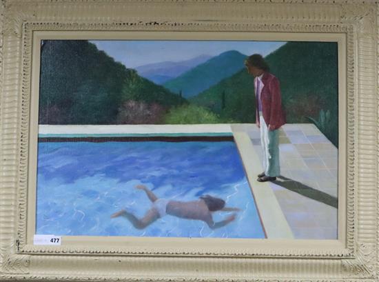After David Hockney, oil on canvas board, Figure beside a swimming pool, 49 x 74cm